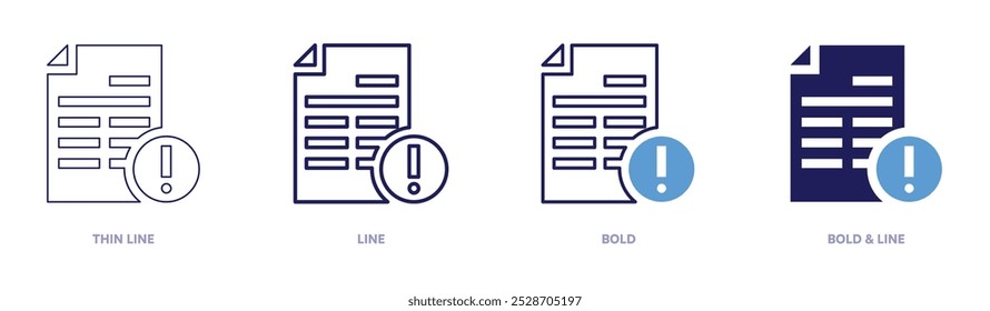 Ícone de definição de ponto de exclamação em 4 estilos diferentes. Linha fina, Linha, Negrito e Linha Negrito. Estilo duotônico. Traçado editável.