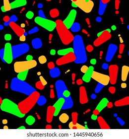 Exclamation mark in different colors on a black background, seamless pattern, vector