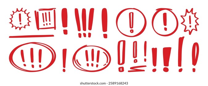 Exclamation mark doodle hand drawn icon set. Attention sign clipart symbol. Hazard warning drawing. Vector illustration