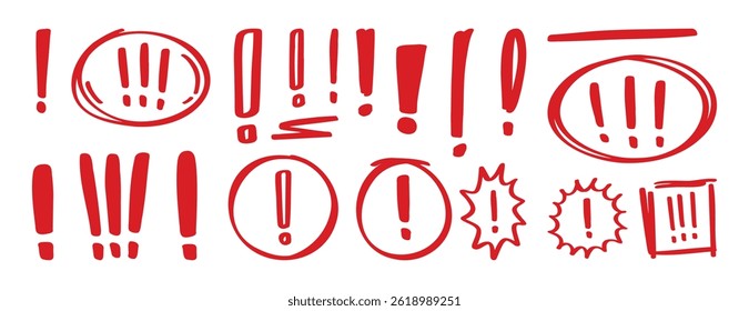 Signo de exclamación doodle dibujado a mano conjunto de iconos. Signo de atención Clipart símbolo. Dibujo de advertencia de peligro. Ilustración vectorial