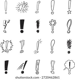 Colección de arte de línea doodle de signo de exclamación. Incluye símbolos de arte lineal, advertencia, alerta, atención, énfasis, peligro y más. Garabatos aislados. Conjunto de doodle de explosión. Pack de dibujos minimalistas.