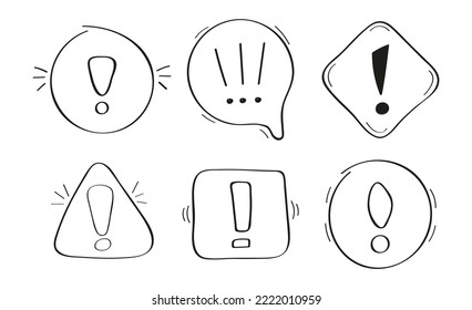 Exclamation mark in doodle style. Set of linear banners with exclamation marks. Attention, beware, danger symbols, button Pencil and ink various scattered sign.