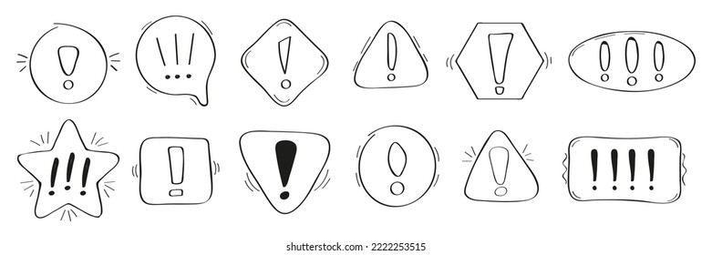 Exclamation mark in doodle style. Set of linear banners with exclamation marks. Attention, beware, danger symbols, button Pencil and ink various scattered sign.