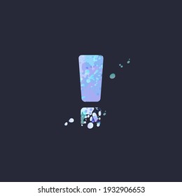 Exclamation mark with effect of liquid spots of paint in blue, white, purple colors on dark navy background. Decoration element for winter design of a flyer, poster, calendar, cover, title. Vector