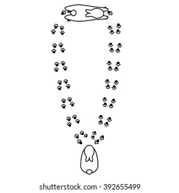 Exclamation mark, formed by cute abstract rabbits and footprints. Vector illustration of animal tracks in fun shape. Element for design. Black paw print outline on white background.
