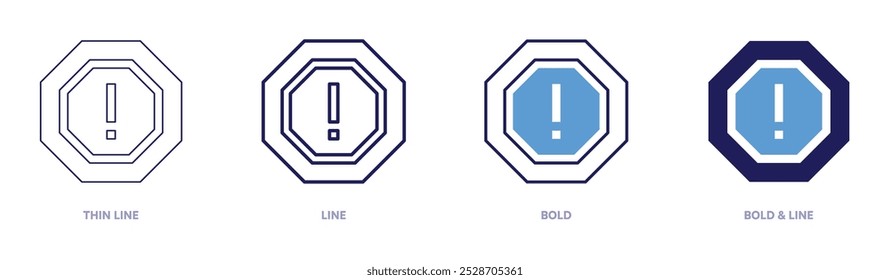 Exclamation mark function icon in 4 different styles. Thin Line, Line, Bold, and Bold Line. Duotone style. Editable stroke.