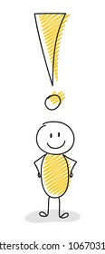 Exclamation mark with funny stickman drawing. Smiley expression. Vector.