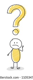 Exclamation mark with funny stickman drawing. Confused expression. Vector.