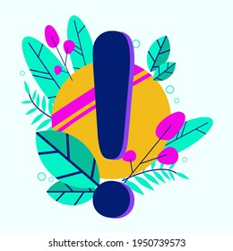 exclamation mark with green leaves.web illustration flat design isolated on white background.