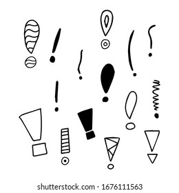 Exclamation mark. Grunge doodle sketch exclamation marks vector set. Collection of exclamation marks illustration on white background