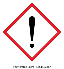 Exclamation mark. Hazardous to the ozone layer. CLP Hazard sign. Diamond shape red border and white background. 