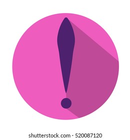 Exclamation mark in hot pink circle with long shadow. Vector icon. Flat design