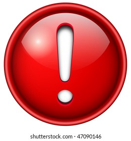 Exclamation mark icon, button, 3d red glossy circle.