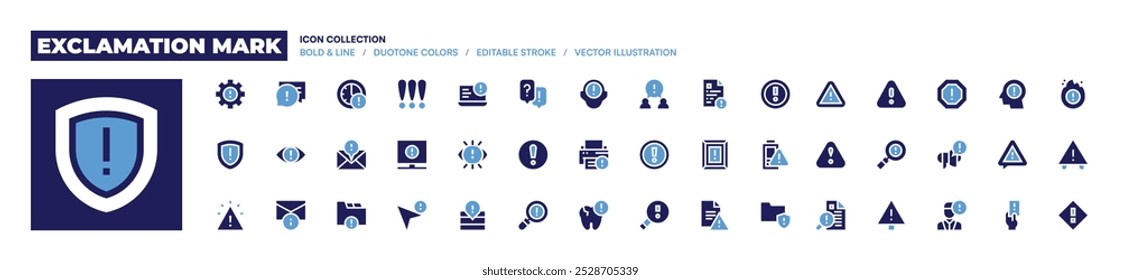 Icono de signo de exclamación colección. Estilo audaz. Alerta, chat, tiempo, importante, carpeta, escudo, Suscripción, cursor, señal de advertencia, ojo, Configuraciones.