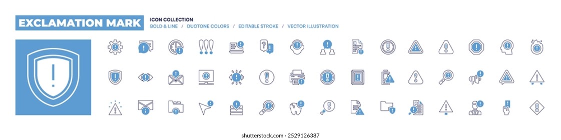 Ausrufezeichen-Symbolsammlung. Fette Linienart. Duotonfarben. Bearbeitbarer Strich. Vorfall, Stress, Ausruf, obligatorisch, Erinnerungen, Ausrufezeichen, Vision, Warnung, Alarm, Zahn.