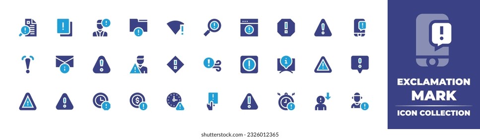 Exclamation mark icon collection. Duotone color. Vector illustration. Containing search, answer, user, warning, wifi, website, alert, notification, error, important, warning sign, danger, warning.