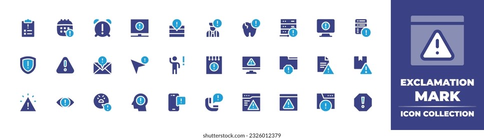 Exclamation mark icon collection. Duotone color. Vector illustration. Containing clipboard, calendar, alarm clock, alert, problem, tooth, servers, warning, server, shield, subscription, cursor.