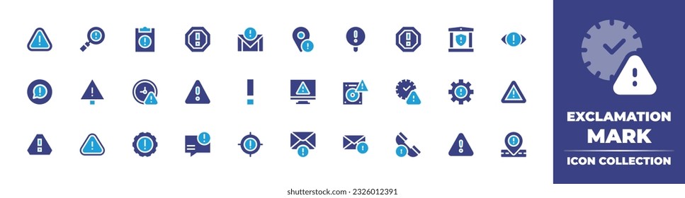 Exclamation mark icon collection. Duotone color. Vector illustration. Containing alert, exclamation mark, warning, email, pin, caution, bank, privacy, danger, expired, alarm, hard disk, settings.