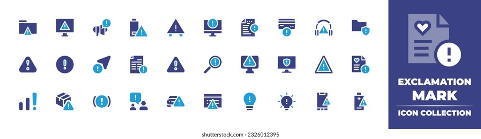 Colección de iconos de la marca de exclamación. Color de duotona. Ilustración vectorial. Conteniendo carpeta, mal funcionamiento, informe, baja batería, precaución, atención, peligro, error, alto ruido, advertencia, aviso, cursor.