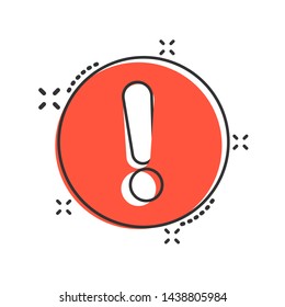 Exclamation mark icon in comic style. Danger alarm vector cartoon illustration on white isolated background. Caution risk business concept splash effect.