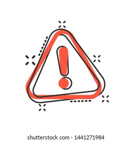 Exclamation mark icon in comic style. Danger alarm vector cartoon illustration on white isolated background. Caution risk business concept splash effect.