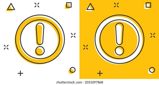 Exclamation mark icon in comic style. Danger alarm vector cartoon illustration pictogram. Caution risk business concept splash effect.