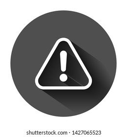 Exclamation mark icon in flat style. Danger alarm vector illustration on black round background with long shadow. Caution risk business concept.