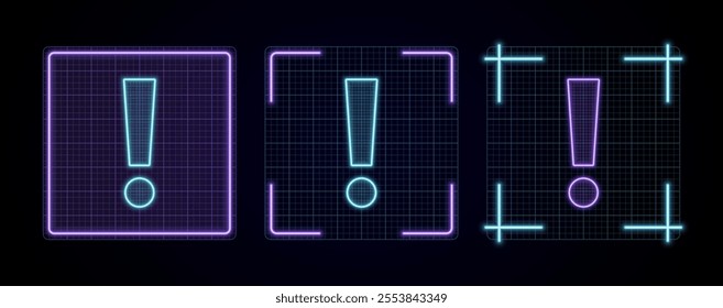 Exclamation mark icon illustration, cyber neon visual, glowing border grid vector.