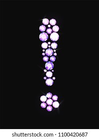 Exclamation mark icon made with precious gems or rhinestones on black background