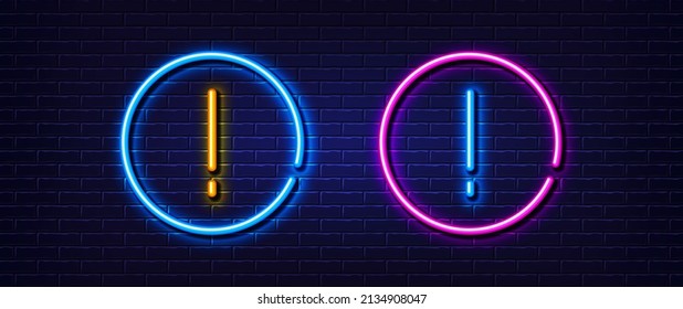 Exclamation mark icon. Neon light line effect. Important line typography character sign. Attention font symbol. Glowing neon light element. Exclamation mark glow 3d line. Brick wall banner. Vector