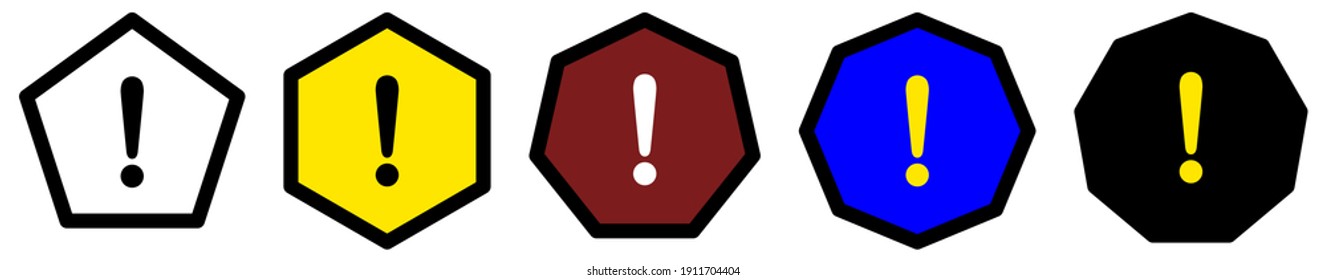 Icono de signo de exclamación en polígonos con un número diferente de aristas. Señal de advertencia o de atención