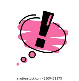 Exclamation mark icon in red speech bubble with black line, doodle style. Vector illustration in a flat style. 