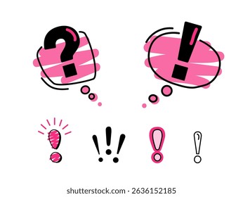 Icono de signo de exclamación en la burbuja de discurso rojo. Signo de interrogación lineal. con línea negra, estilo doodle. Ilustración vectorial en un estilo plano. 