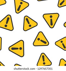 Exclamation mark icon seamless pattern background. Danger alarm vector illustration. Caution risk symbol pattern.