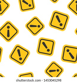 Exclamation mark icon seamless pattern background. Danger alarm vector illustration on white isolated background. Caution risk business concept.