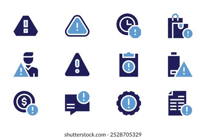 Exclamation mark icon set. Bold style. Duotone colors. user, delay, coin, shopping bags, warning, problem, alarm, speech bubble, alert, low battery.