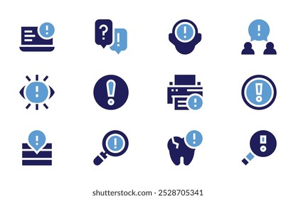 Symbolsatz für Ausrufezeichen. Fett. Duotonfarben. Vorfall, Stress, Ausruf, obligatorisch, Erinnerungen, Ausrufezeichen, Vision, Warnung, Alarm, Zahn.