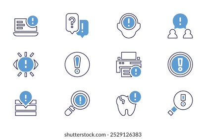 Symbolsatz für Ausrufezeichen. Fette Linienart. Duotonfarben. Bearbeitbarer Strich. obligatorisch, Ausrufezeichen, Vision, Warnung, niedriger Akku, Warnung, Schild, Abonnement, Auge.