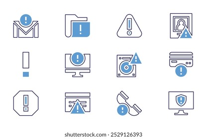 Exclamation mark icon set. Bold line style. Duotone colors. Editable stroke. delay, warning, shopping bags, folder, wanted, problem, email, privacy, caution, health report.