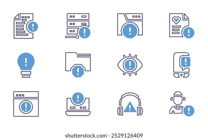 Conjunto de iconos de signo de exclamación. Estilo de línea en negrita. Colores duotónicos. Notificación, usuario, problema, atención, spam, llamada, advertencia, alarma, innovación, informe, batería baja, precaución.
