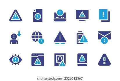 Exclamation mark icon set. Duotone color. Vector illustration. Containing problem, alert, laptop, error, answer, human error, globe, caution sign, low battery, important, attention, warning, wanted.