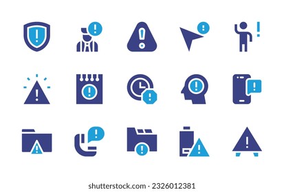 Exclamation mark icon set. Duotone color. Vector illustration. Containing shield, problem, warning sign, cursor, person, note, delay, alert, warning, folder, call, low battery, caution. 