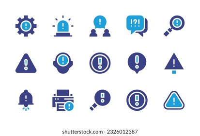 Juego de iconos de la marca de exclamación. Color de duotona. Ilustración vectorial. Contiene ajustes, alerta, exclamación, pregunta, signo de exclamación, advertencia, recuerdos, peligro, notificación, problema. 