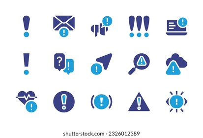 Exclamation mark icon set. Duotone color. Vector illustration. Containing danger, mail, report, alert, incident, exclamation, stress, cursor, magnifying glass, access denied, heart rate, mandatory.