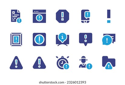 Markierungszeichensymbol-Set. Duotonfarbe. Vektorgrafik. Enthält Regeln, Website, Alarm, Benachrichtigung, Ausrufezeichen, Warnung, Informationen, Bericht, Chat, Frist, menschliches Versagen, Ordner. 