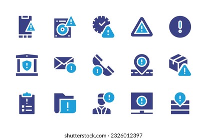 Exclamation mark icon set. Duotone color. Vector illustration. Containing caution, hard disk, expired, danger, warn, bank, mail, phone call, location, exclamation mark, clipboard, folder, user, alert.