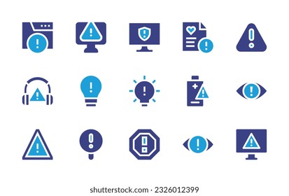 Exclamation mark icon set. Duotone color. Vector illustration. Containing warning, error, computer, health report, alert, high noise, innovation, idea, low battery, eye, caution, privacy.