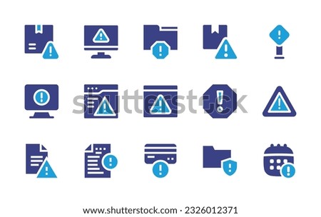 Exclamation mark icon set. Duotone color. Vector illustration. Containing alert, warning, spam, package, signal, error, danger, folder, calendar. 