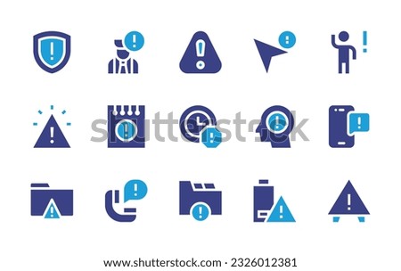 Exclamation mark icon set. Duotone color. Vector illustration. Containing shield, problem, warning sign, cursor, person, note, delay, alert, warning, folder, call, low battery, caution. 