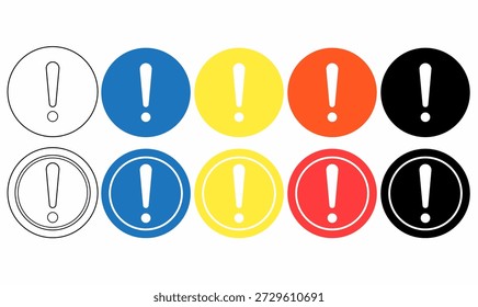 Ausrufezeichen-Symbolsatz, auch bekannt als Ausrufezeichen, Umriss, Silhouette, schwarz, weiß, blau, gelb, orange, rot. Warnung, Warnung, Benachrichtigungssymbole für Apps, Beschriftungen, Infografiken. Vektor 